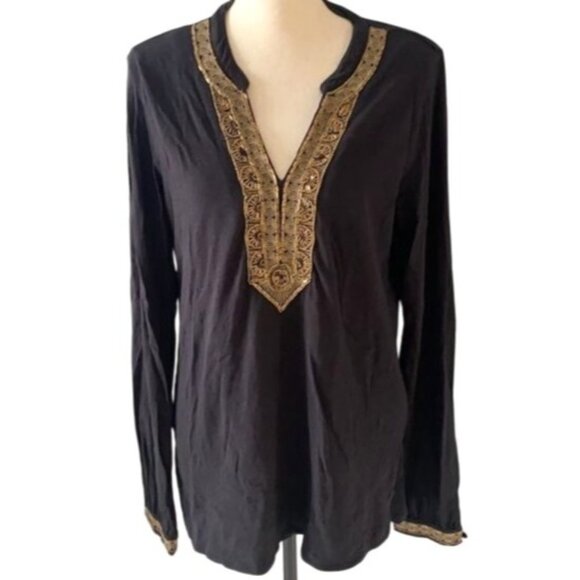 Lucky Brand Tunic Black Gold Beaded Embroidered Size S Cotton India - Picture 10 of 12